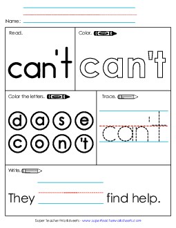 Worksheet 1: Can\'t Sight Words Individual Worksheet