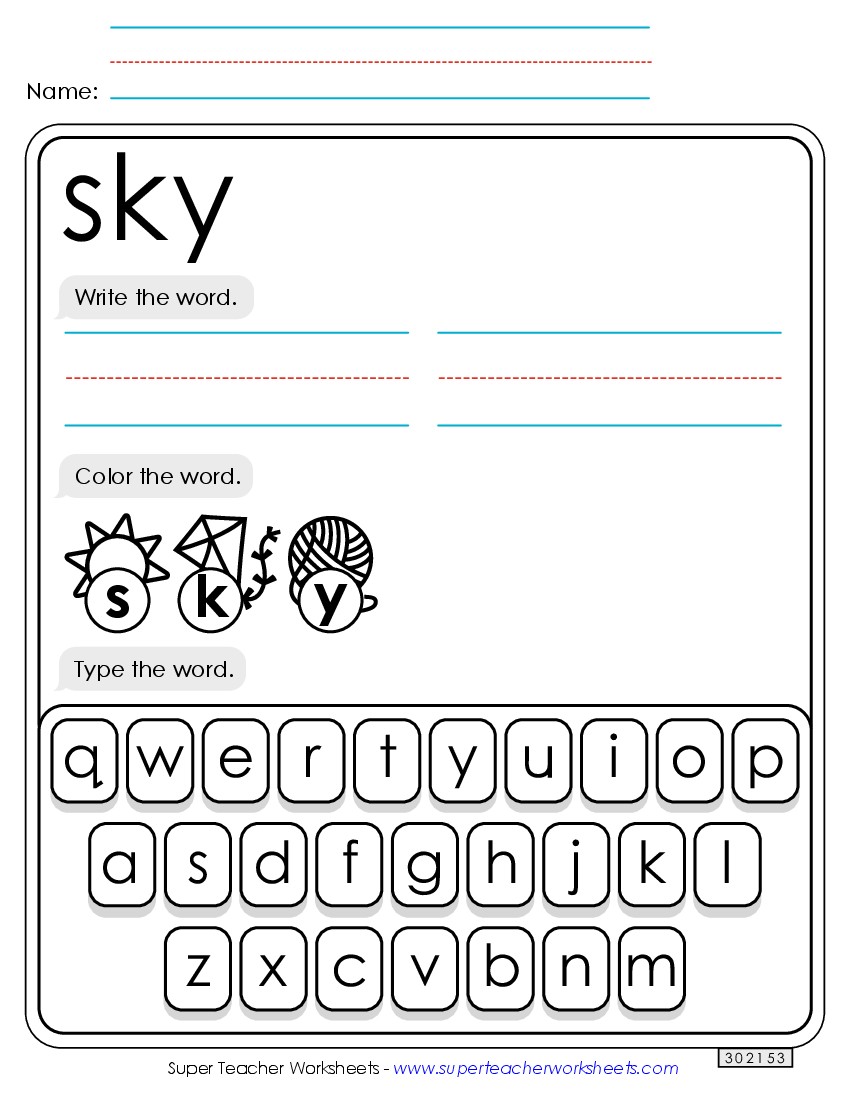 Write, Color, Type: Sky Sight Words Individual Worksheet