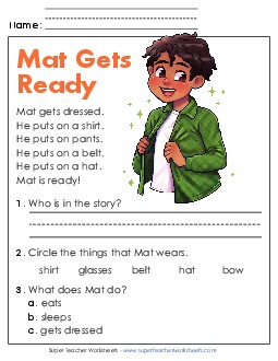 Mat Gets Ready  Reading Comprehension Reading Comp Kindergarten Worksheet