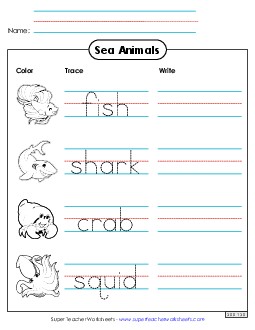 Trace and Write: Sea Animals Ocean Life Worksheet