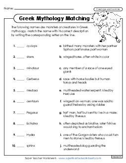 Monsters & Creatures Letter Matching Greek Mythology Worksheet