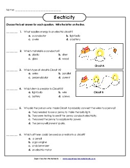 Electricity Multiple Choice 6th Grade Science Worksheet