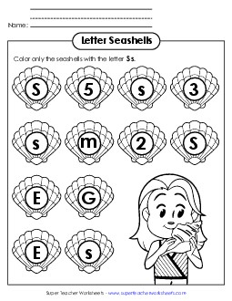 Letter S s Recognition - Seashells Alphabet Worksheet