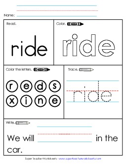 Worksheet 1: Ride Sight Words Individual Worksheet