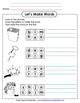 Color the Letters & Write (-in) Word Families Worksheet