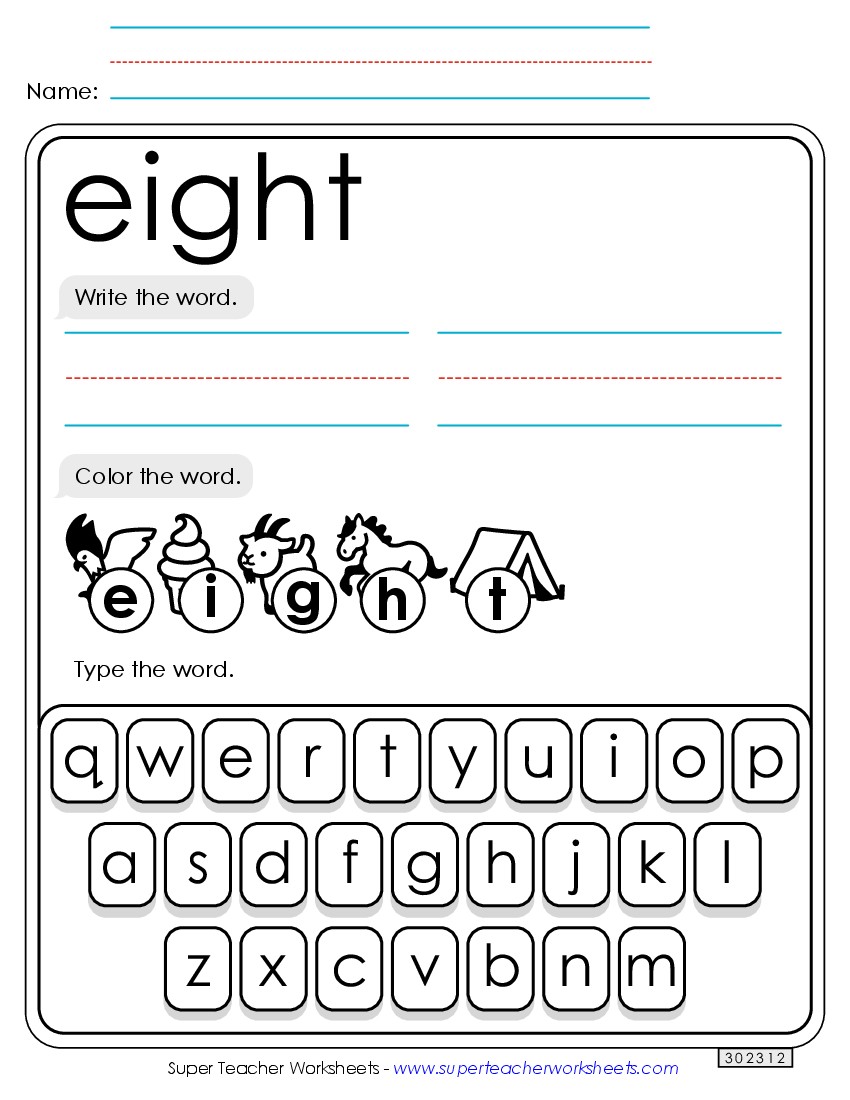 Write, Color, Type: Eight Sight Words Individual Worksheet