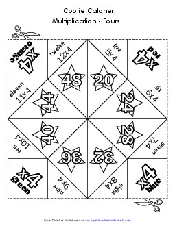 Cootie Catcher: Multiply by 4s Multiplication Worksheet