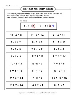 Correct the Basic Facts Mixed Addition Subtraction Worksheet