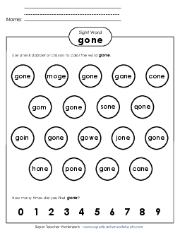 Dab or Color: Gone Sight Words Individual Worksheet