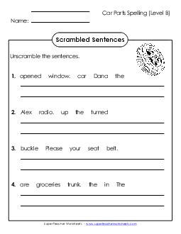 Scrambled Sentences (B-Car Parts)  Spelling B Worksheet