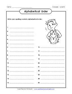 Alphabetical Order List (D-Canada Words)  Spelling D Worksheet