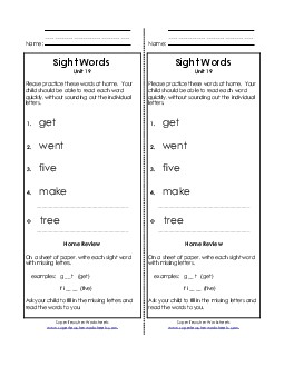 Take-Home List (Unit 19)  Sight Words Worksheet