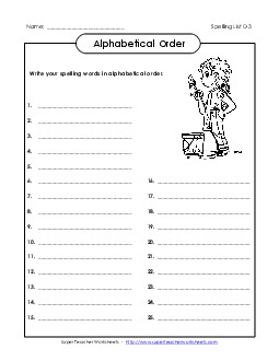 Alphabetical Order - Full List (D-3) Spelling D Worksheet