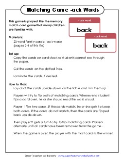 Memory Match Game (-ack) Free Word Families Worksheet