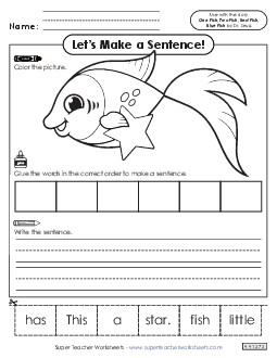 Build-a-Sentence: Fish with Star Picture Book One Fish Two Fish Worksheet