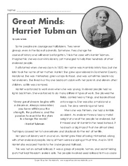 Great Minds: Harriet Tubman 6th Grade Reading Comprehension Worksheet