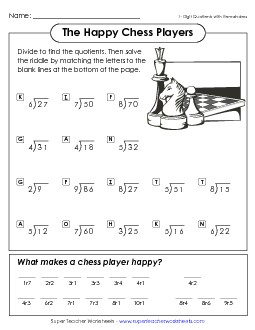 The Happy Chess Player (1-Digit Quotients w/ Remainders) Division Worksheet