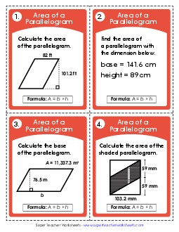 Task Cards: Areas of Parallelograms (Advanced) Worksheet