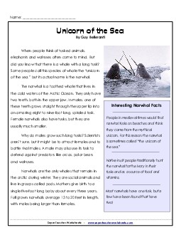 Narwhals 6th Grade Reading Comprehension Worksheet