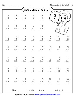 Speed Subtraction 0-10 (Version 1) Worksheet