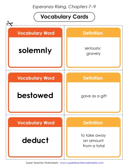 New Vocabulary Cards: Chapters 7–9 Worksheet New Vocabulary Cards: Chapters 7–9 Worksheet