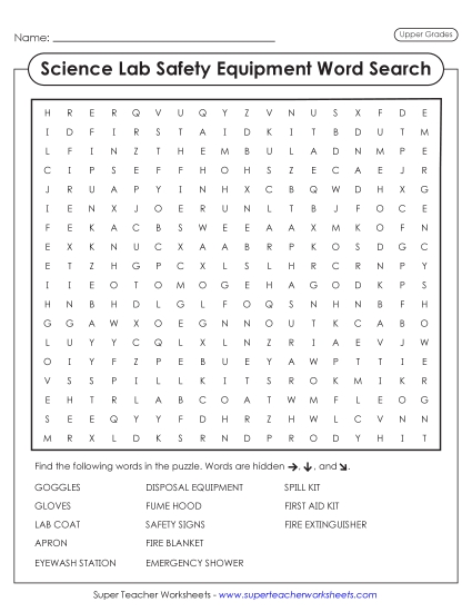 New Lab Safety Equipment Word Search (Advanced) Worksheet New Lab Safety Equipment Word Search (Advanced) Worksheet