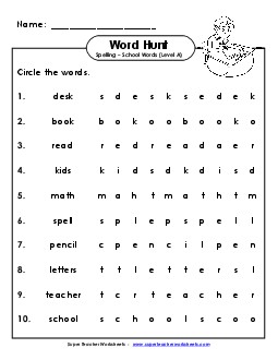 Horizontal Word Search (A-School Words) Spelling A Worksheet