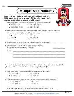 Movie Theater Math Multiple Step Problems Worksheet