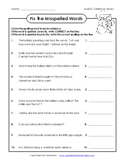 Fix the Misspelled Words (C-Christmas)  Spelling C Worksheet