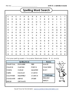 Word Search (E-5) Spelling E Worksheet