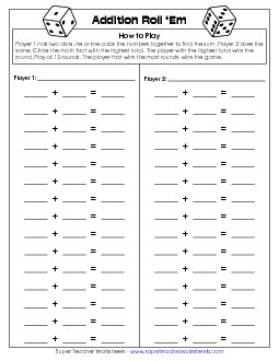 Addition Dice Game (Two Players)  Worksheet