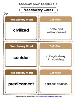 Vocabulary Cards for Chapters 5-6 Book Chocolate Fever Worksheet