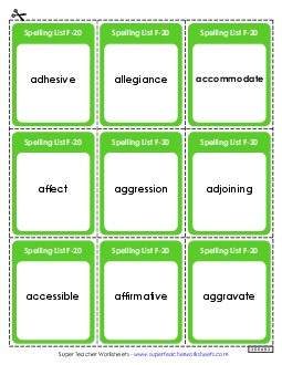 Flashcards (F-20)  Spelling F Worksheet