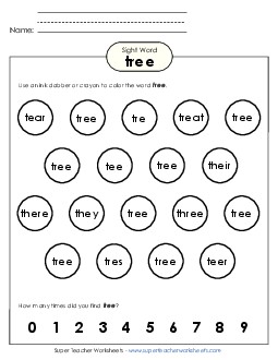 Dab or Color: Tree Sight Words Individual Worksheet