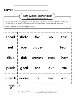 Let\'s Build Sentences (A-Hockey Words) Spelling A Worksheet