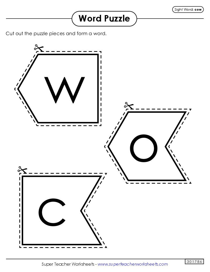 Word Puzzle: Cow Sight Words Individual Worksheet