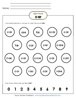 Dab or Color: Car Sight Words Individual Worksheet