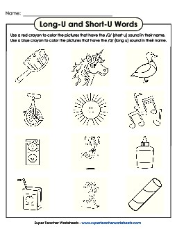 Color Long U and Short U Words Phonics Long Short U Worksheet