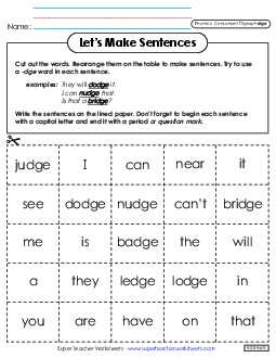 Let\'s Make Sentences (-dge) Phonics Trigraphs Worksheet