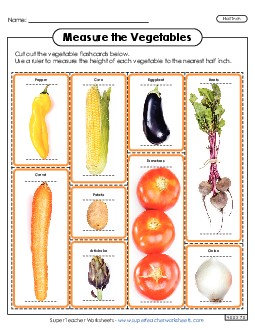 Flash Cards: Measure the Vegetables (Nearest Half Inch) Measurement Worksheet