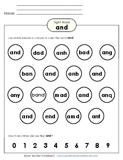 Dab or Color: And Sight Words Individual Worksheet