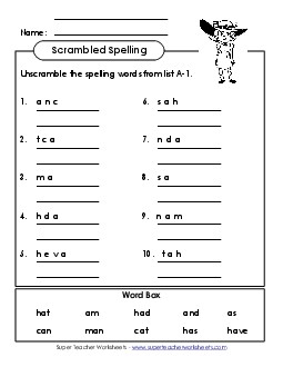 Unscramble the Words (A-1) Free Spelling A Worksheet