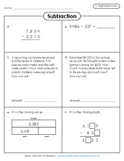 Variety Worksheet: 4-Digit Subtraction Worksheet