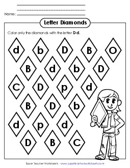 Letter D d Recognition - Diamonds Alphabet Worksheet