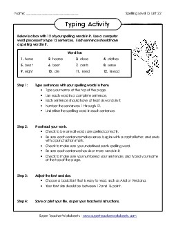 Typing Sentences (D-22) Spelling D Worksheet