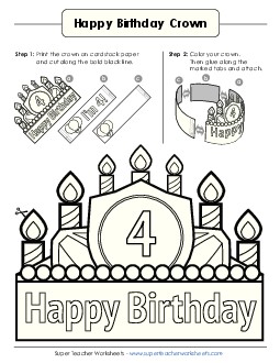 Birthday Crown: Age 4 (B&W) Worksheet