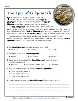 The Epic of Gilgamesh (Short) Reading Comprehension Reading Comp Short Worksheet