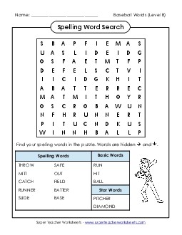 Word Search Puzzle (B-Baseball)  Spelling B Worksheet