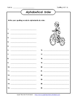 ABC Order: Whole List (E-6) Spelling E Worksheet