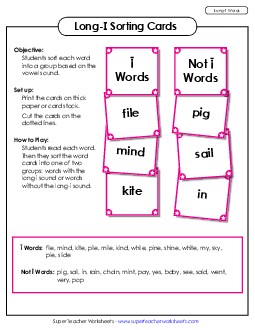 Word Sorting Cards (Long I Words) Phonics Long Short I Worksheet